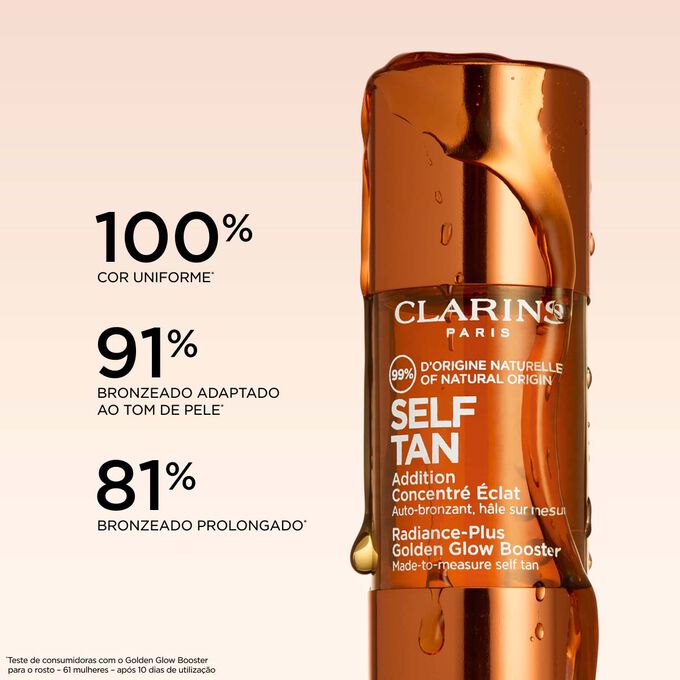 Imagem que apresenta as gotas autobronzeadoras impulsionadoras da luminosidade, com indica&ccedil;&atilde;o de resultado com um aspeto 100% natural.