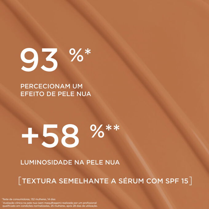 Esta base semelhante a s&eacute;rum proporciona um acabamento de base natural, real&ccedil;ando a luminosidade da pele em 93% das mulheres que a testaram.