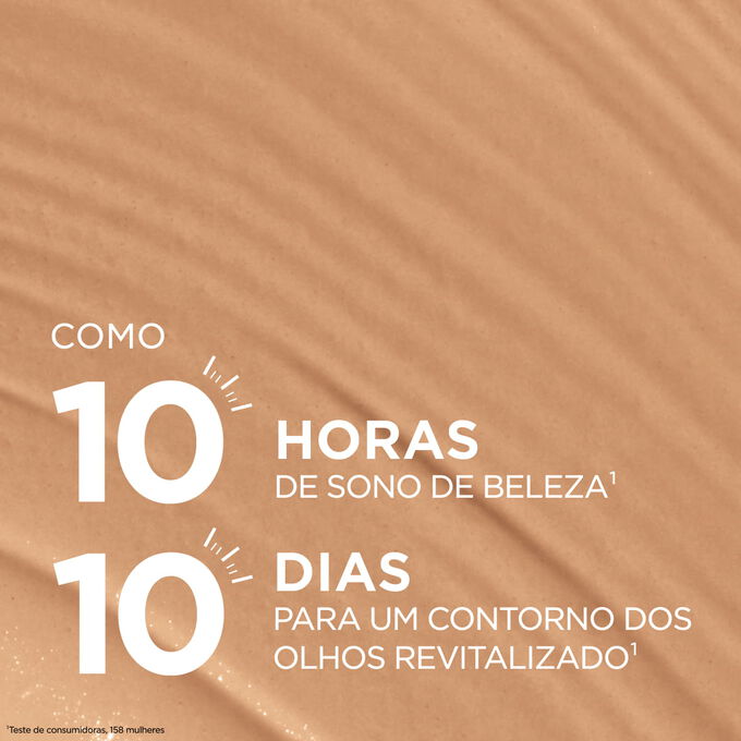 A textura do corretor proporciona um efeito de sono de beleza de dez horas e um contorno dos olhos revigorado em dez dias, para um aspeto descansado