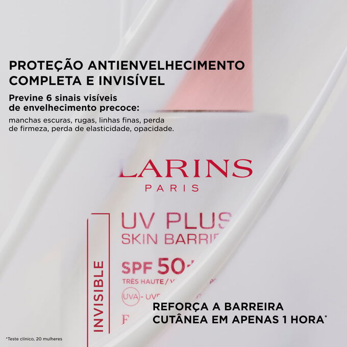 Clarins UV Plus Skin Barrier Fluid, parcialmente escondido, destacando a prote&ccedil;&atilde;o antienvelhecimento invis&iacute;vel e o refor&ccedil;o da barreira cut&acirc;nea em 1 hora.