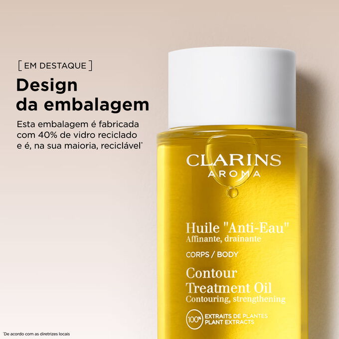 &Oacute;leo que combate o incha&ccedil;o Clarins, numa embalagem fabricada com vidro reciclado, que apoia pr&aacute;ticas de beleza sustent&aacute;veis.