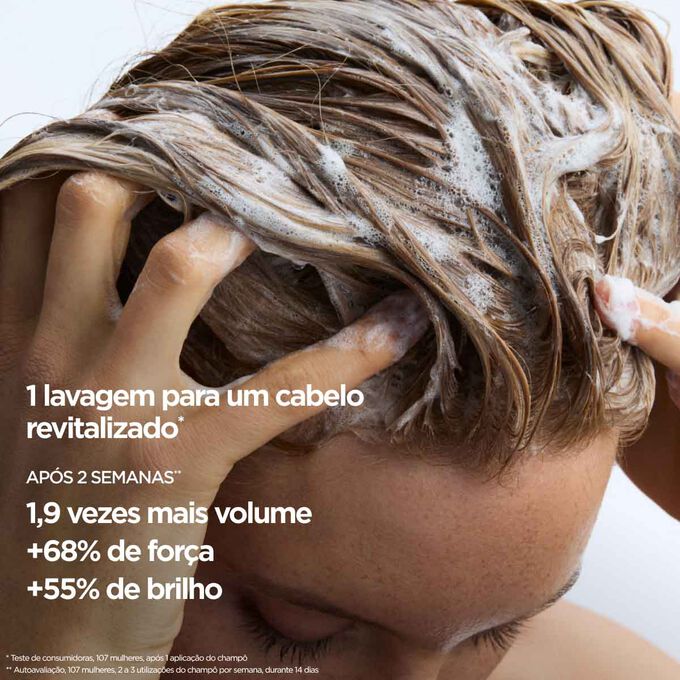 Resultados do champ&ocirc; volumizador para cabelo sem volume: mais sessenta e oito por cento de for&ccedil;a e mais brilho ap&oacute;s duas semanas de utiliza&ccedil;&atilde;o