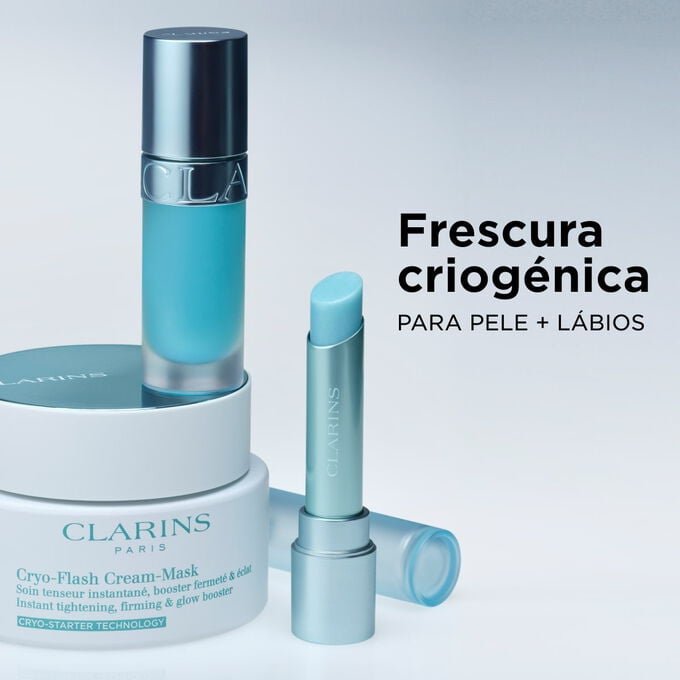 Imagem da gama Cryo Coolness da Clarins para pele e l&aacute;bios, apresentando produtos refrescantes e apaziguantes para um efeito volumizador.
