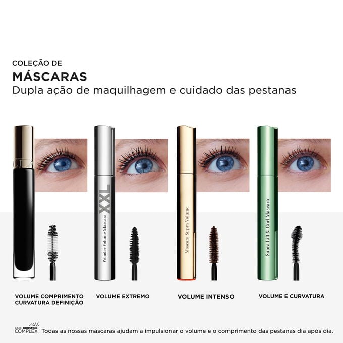 Cole&ccedil;&atilde;o de m&aacute;scaras Clarins que proporcionam volume, comprimento, curvatura e defini&ccedil;&atilde;o com Lash Boosting Complex para cuidado e desempenho excecional.