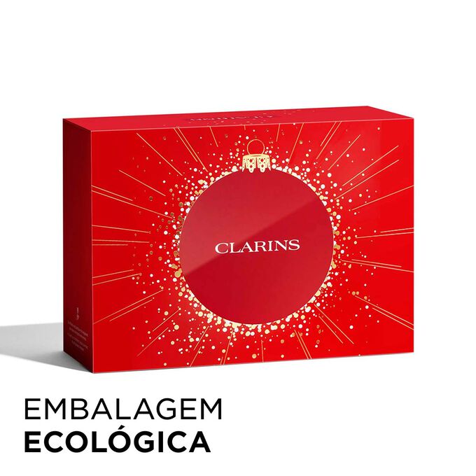 Imagem do coffret de Natal da Clarins com embalagem ecológica, que realça sustentabilidade e atenção na oferta de presentes.