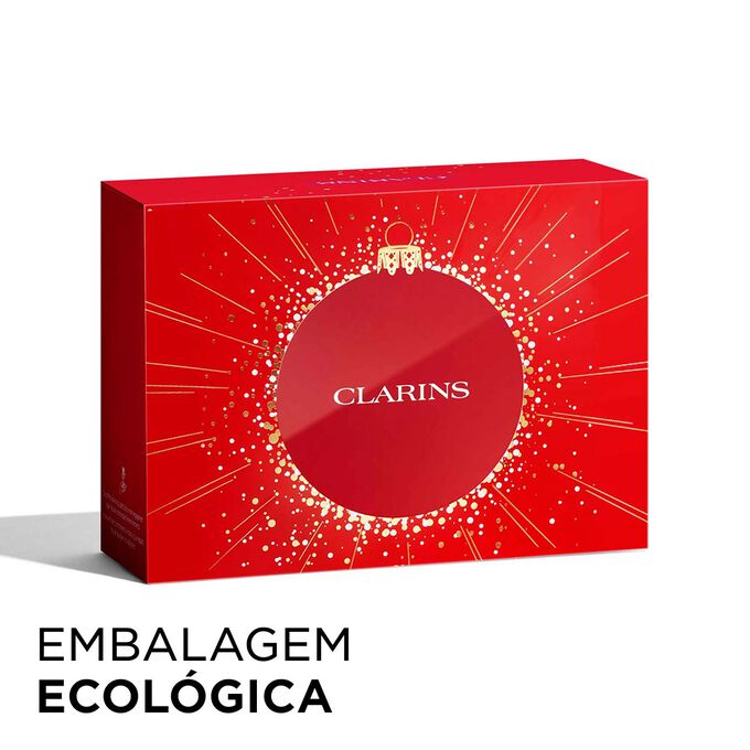 Imagem do coffret de Natal da Clarins com embalagem ecológica, que realça sustentabilidade e atenção na oferta de presentes.