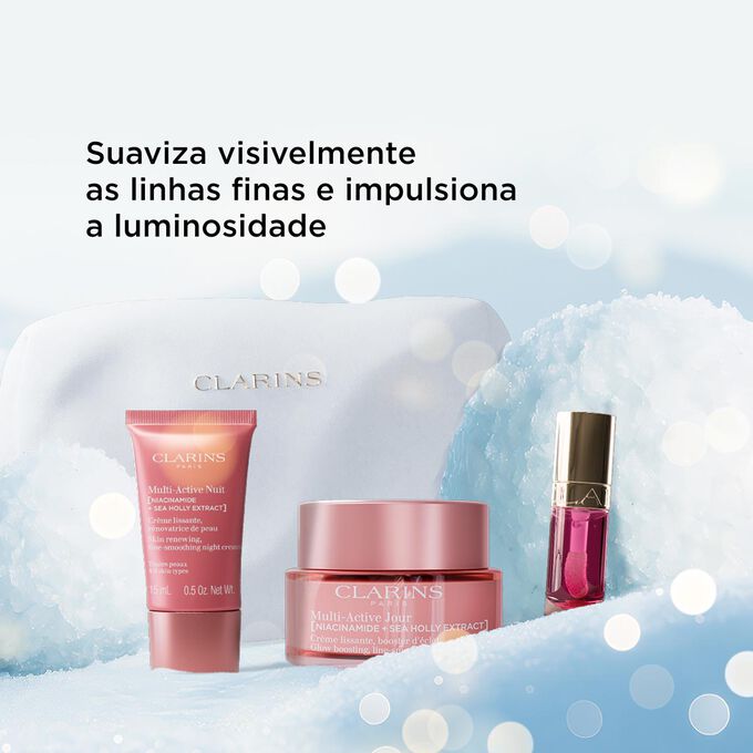 Coffret de Natal Clarins, o primeiro cuidado anti-idade que alisa as linhas finas e devolve a luminosidade &agrave; pele cansada