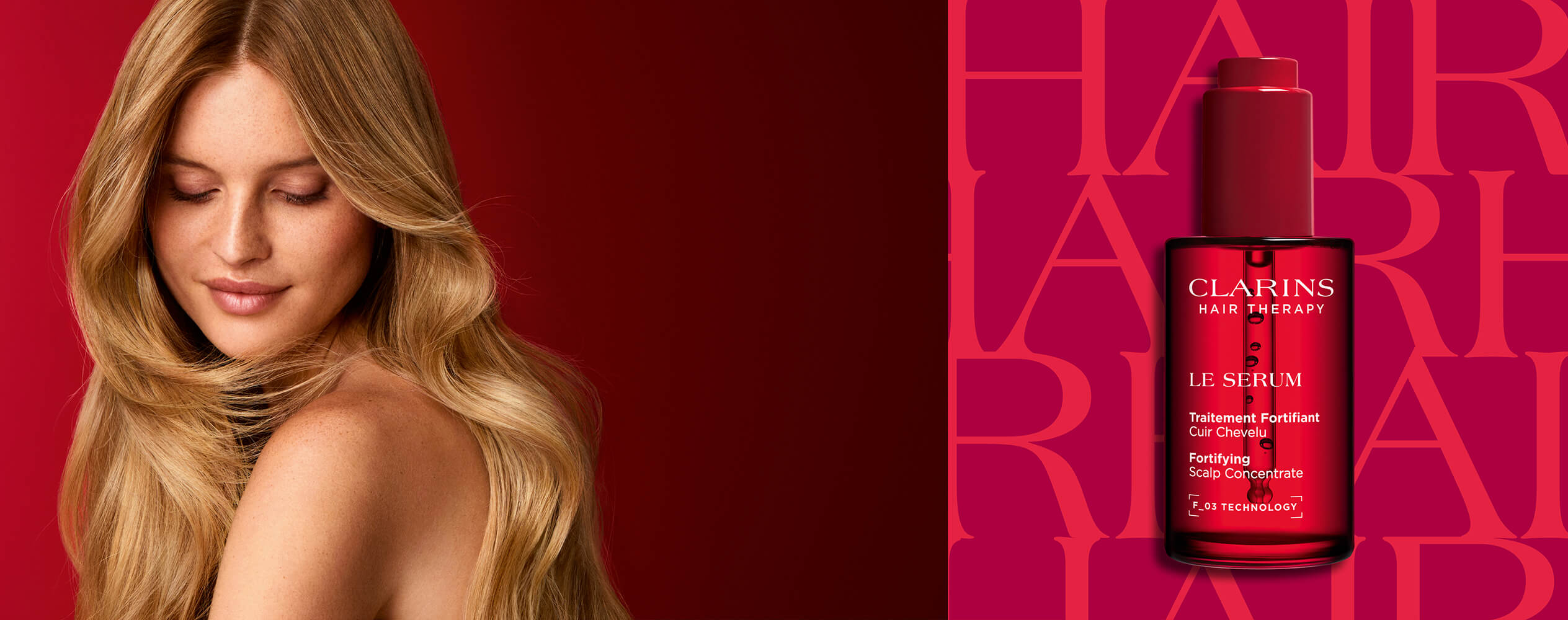 Mulher com um cabelo bonito após a aplicação de Le Serum Clarins Hair Therapy