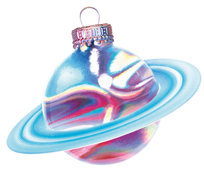 Composição de decoração de Natal com astronauta, estrela e um planeta que parece uma lâmpada de árvore de Natal