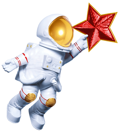 Composição de decoração de Natal com astronauta, estrela e um planeta que parece uma lâmpada de árvore de Natal